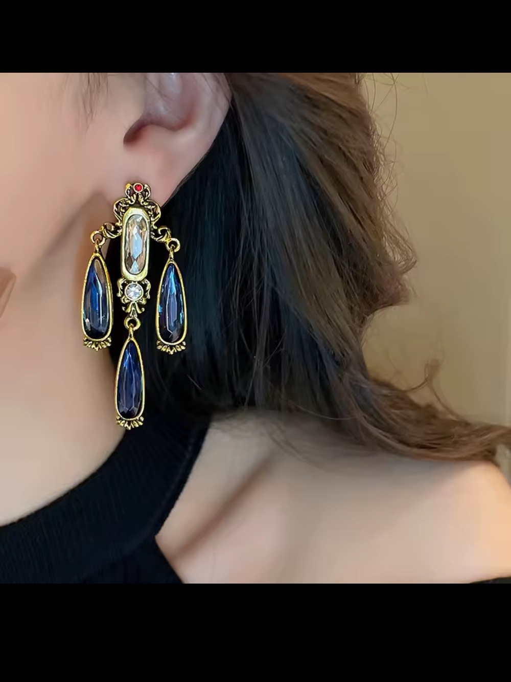 Gold-Tone Earrings with Deep Blue and Clear Stones - Picture 7 of 7